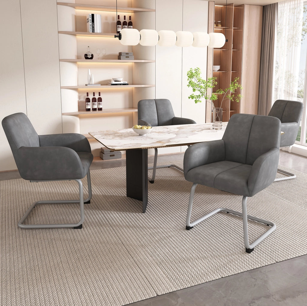 Set 2 sedie da pranzo con braccioli in pelle microfibra e metallo; grigio