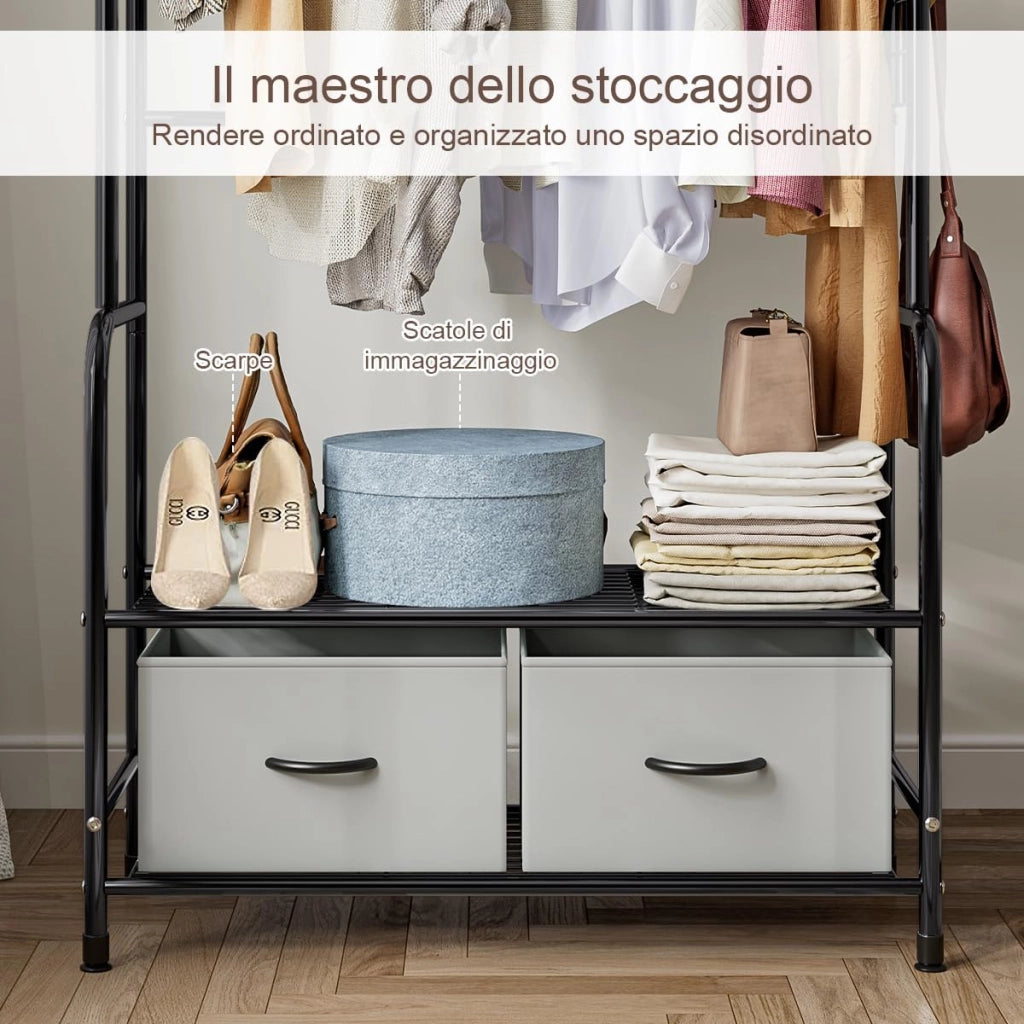 Stand Appendiabiti in Metallo,Stendino durevole salvespazio di grande capacità con piu scaffali conDesign a doppia asta di sospensione,grande capacita di stoccaggio,74 * 40 * 168cm,Bianco