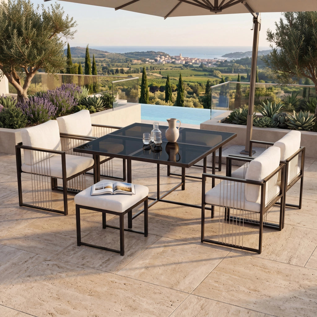 Set da pranzo per esterni da 7 pezzi per 6 persone in metallo e vetro temperato nero e bianco per giardino