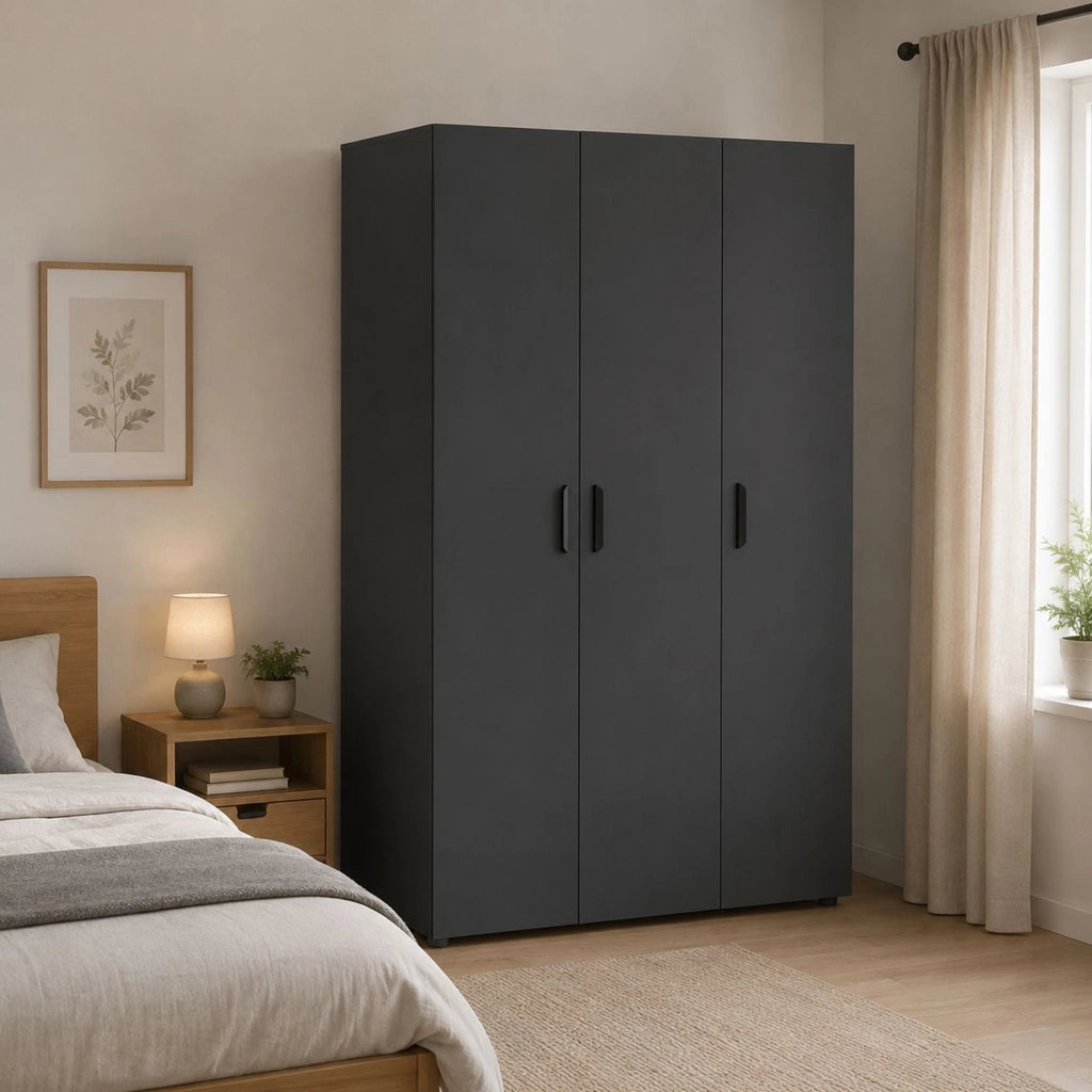 Armadio Camera da Letto Pettineo, Guardaroba 3 Ante Appendiabiti, 111x52 cm Nero Antracite