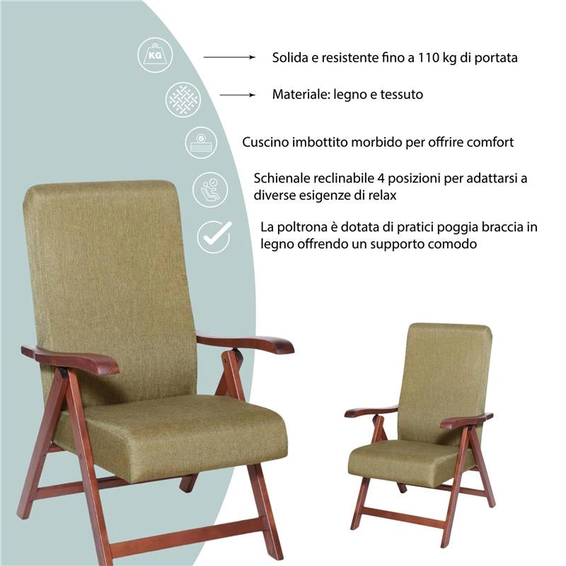 POLTRONA MIAMI CILIEGIO VERDE IN FAGGIO CON IMBOTTITURA POGGIATA SU CINGHIE SCHIENALE REGOLABILE 4 POSIZIONI