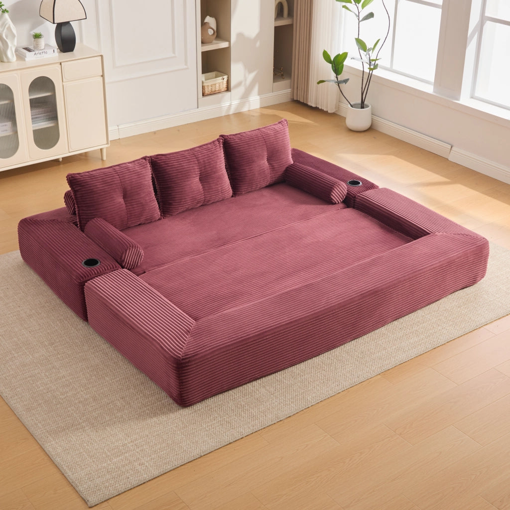 Divano convertibile con tasche laterali, portabicchieri e cuscini memory in corduroy rosso vino 232 × 98 × 80 cm