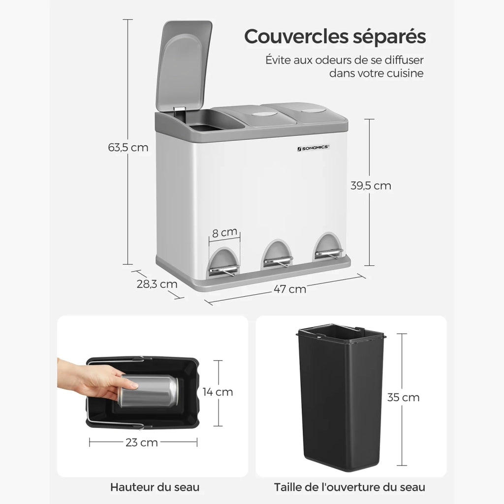 Pattumiera da cucina 46 x 24,5 x 39,5 cm resistente con pedali e 3 scomparti per la raccolta differenziata acciaio inox bianco 12_0007239