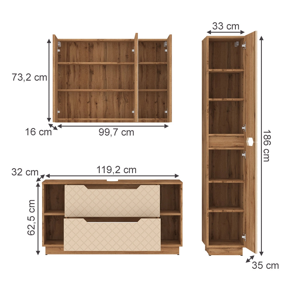 Vicco Set di mobili da bagno Rovere/cashmere con struttura in piastrelle 3 parti