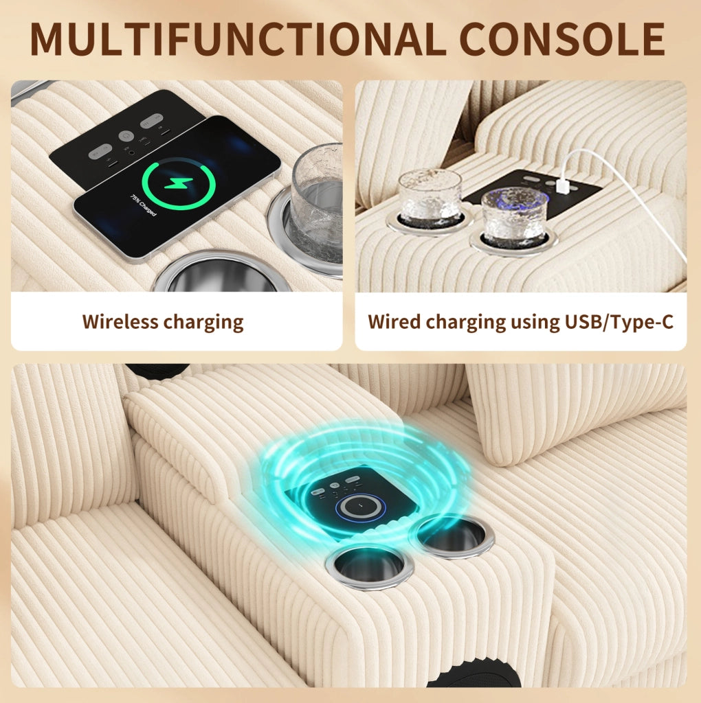 Divano modulare ULEVR 315,5x144 cm beige con console Bluetooth, ricarica wireless, USB/Type-C e portabevande