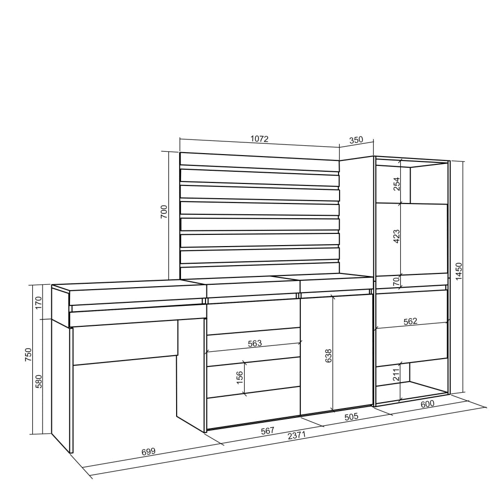 Scarpiera, 237x35x145cm, Camera da letto, Cassettiera, Pannelli Decorativi, Tavolo da toeletta, colore Rovere RF3537