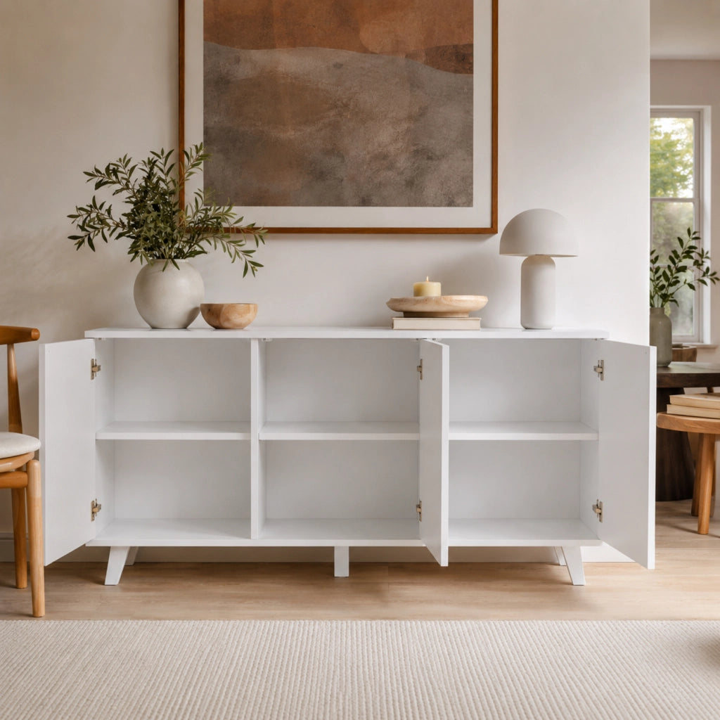 Madia Moderna 3 Ante Senza Maniglie Credenza Mobile Contenitore Design Minimal Con Piedini Rialzati Per Zona Living 154 X 72 X 40 Cm Bianco
