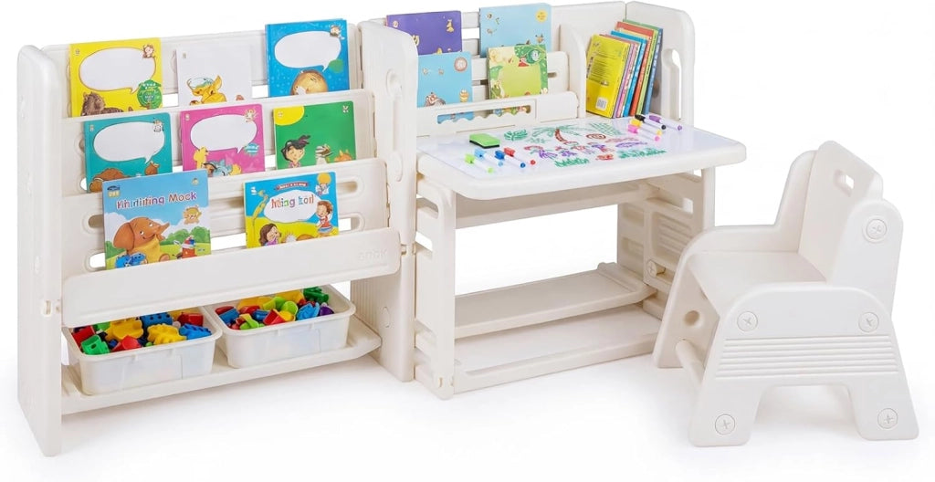 Set Tavolo e Sedia per Bambini 3+ Anni, Tavolino per Bambini con Scaffali Laterali e Cestini Portaoggetti, Piano Inclinabile e Lavagna Cancellabile, Tavolino e Sedie per Cameretta Ragazzi