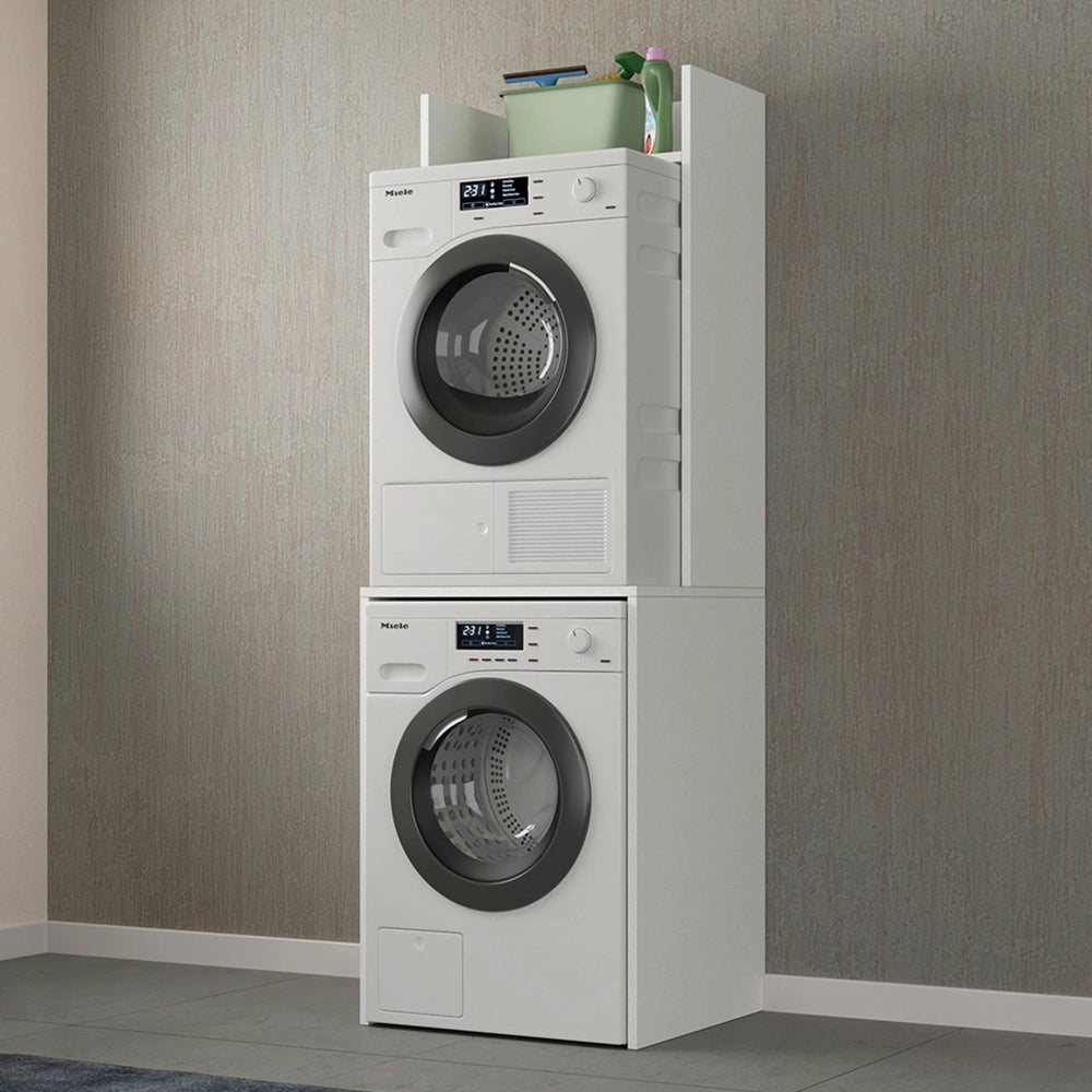 Mobile porta lavatrice e asciugatrice con rialzo in legno bianco