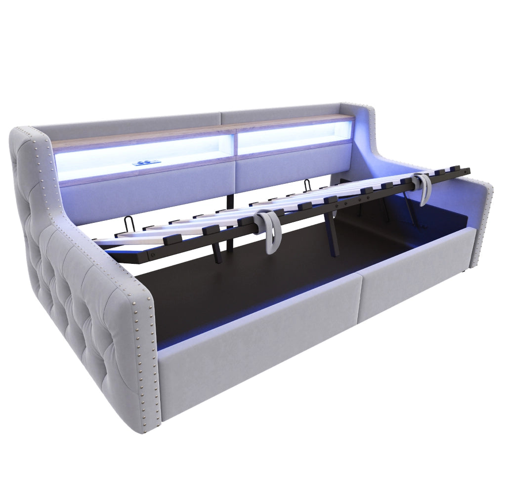 Letto divano 90x200 cm grigio chiaro in velluto, contenitore idraulico e LED