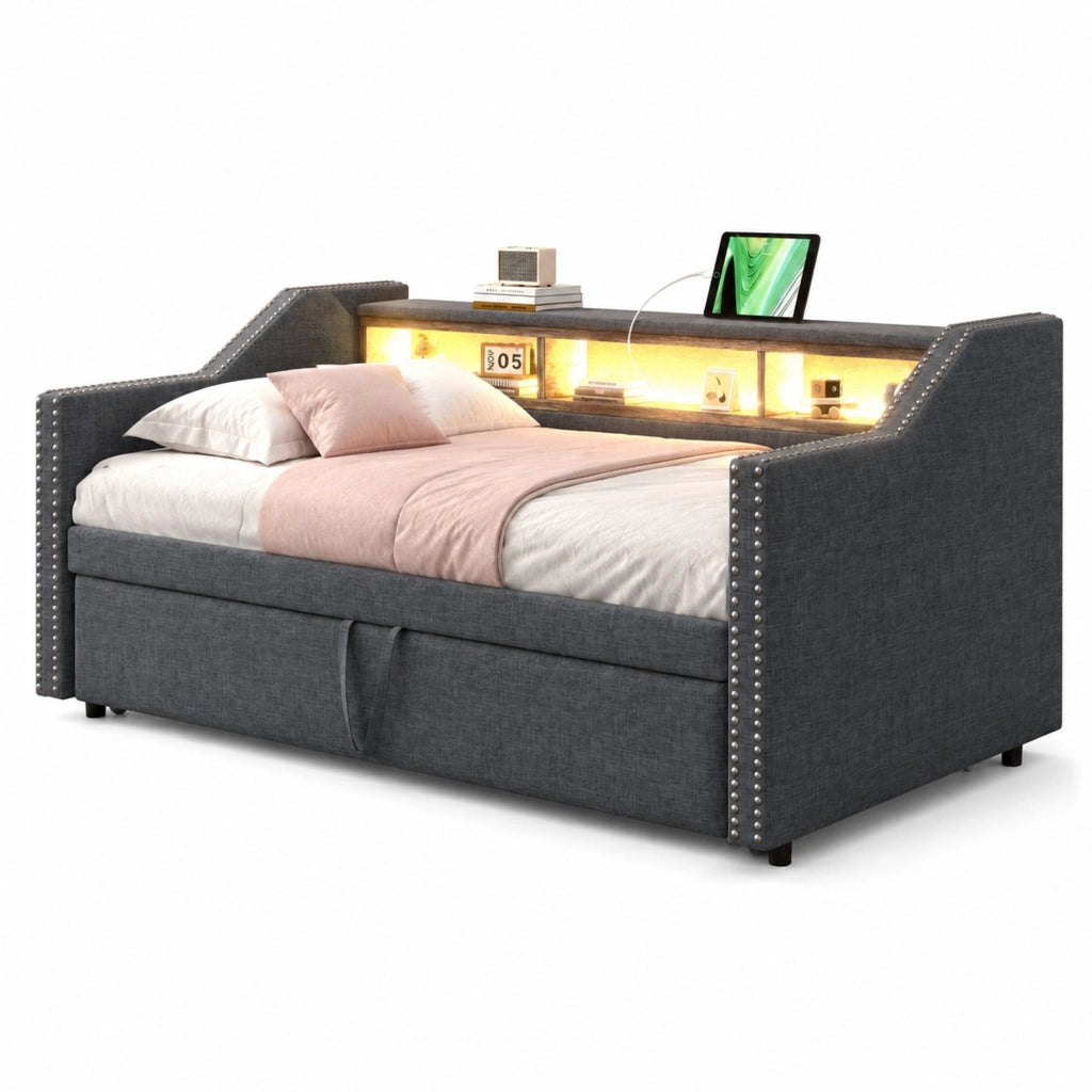 Divano letto imbottito estraibile 90/180 x 190 cm in tessuto tipo lino; grigio scuro; con LED e USB