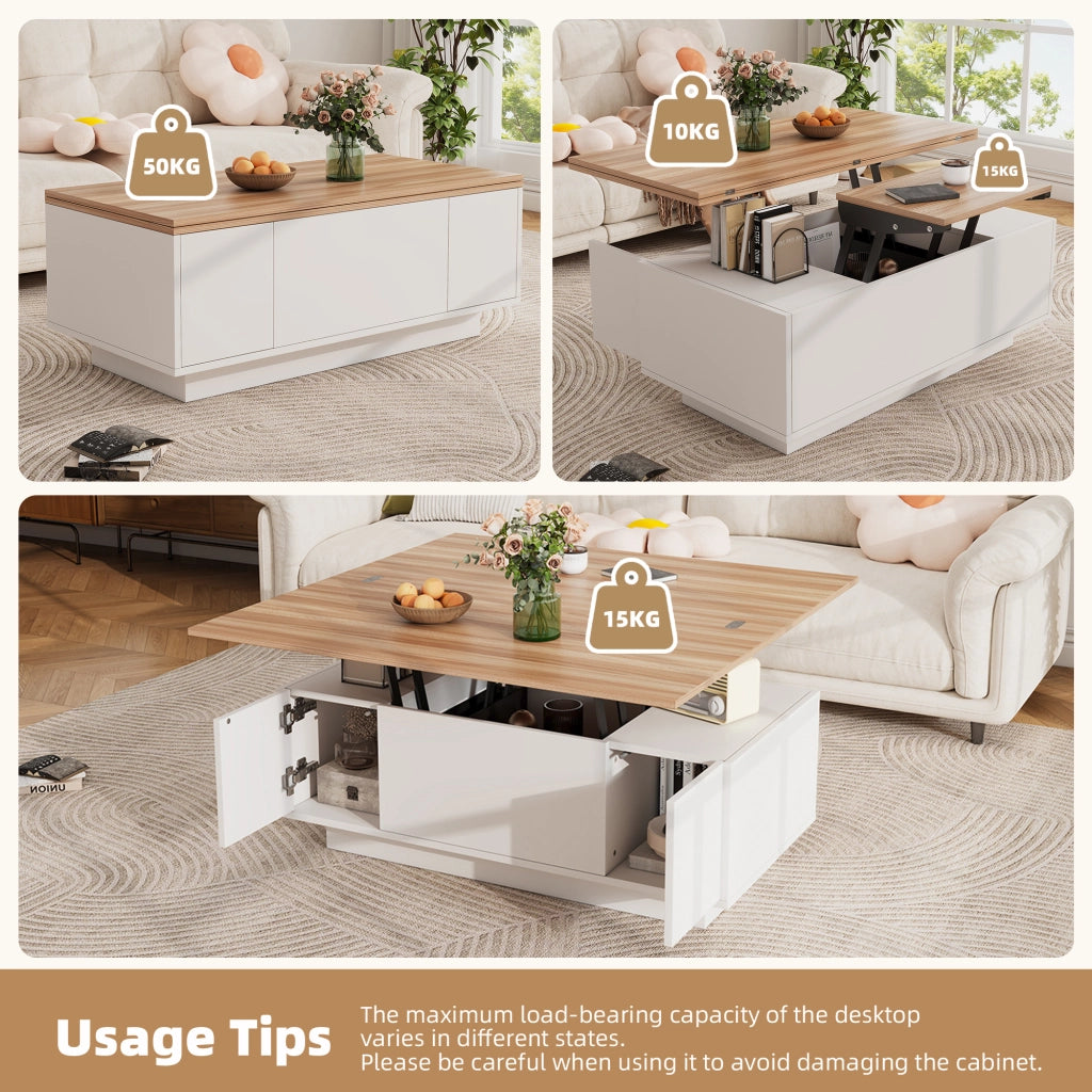 Tavolino da caffè con 2 ante e doppio piano alzabile - per soggiorno - 100×50×55.5 cm - bianco