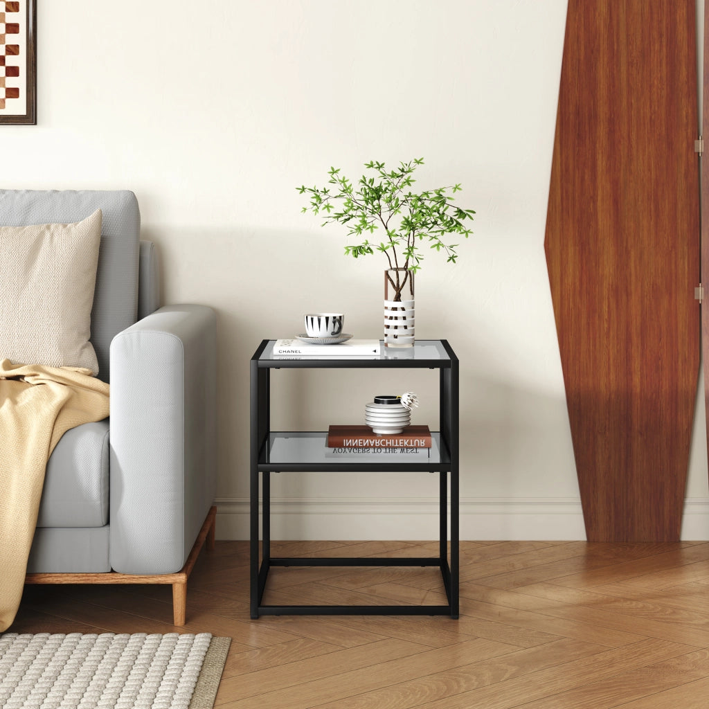 Tavolino Laterale Tronevn con Piano e Ripiano in Vetro Temperato 50 x 40 x 40 cm - Nero [en.casa]