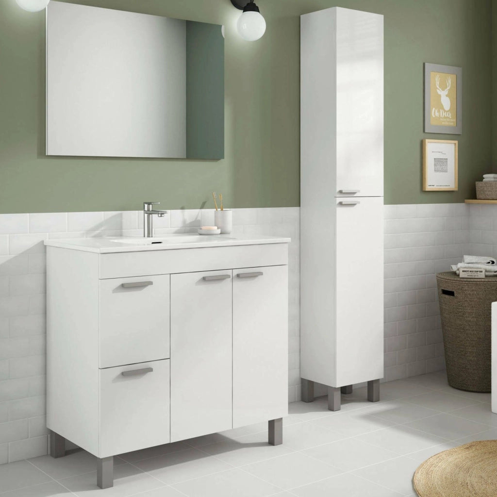 Liona, set Mobili Bagno Specchio Incluso, Bianco Lucido
