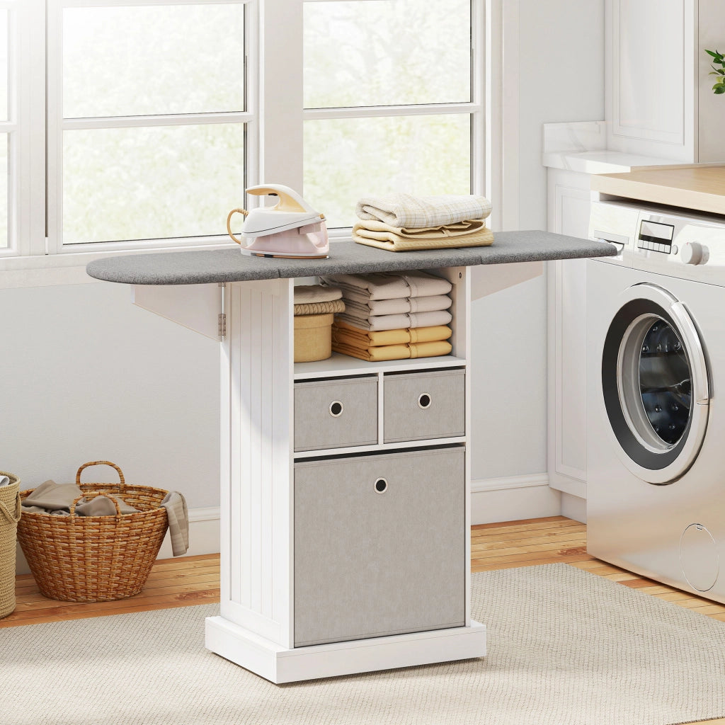 Mobile Asse da Stiro Pieghevole a Rotelle con Ripiano Aperto e 3 Cassetti. 121x37x89.5 cm. Bianco e Grigio