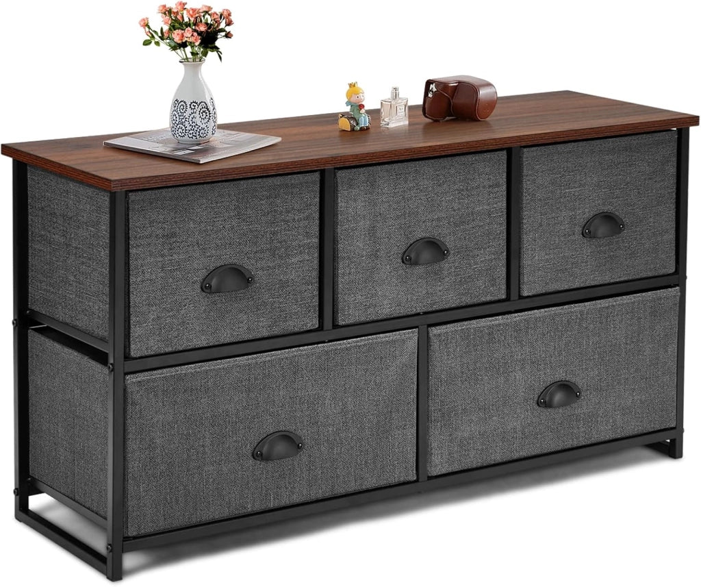 Cassettiera con 5 Cassetti, Armadio Interno Mobiletto Multiuso, Comò e Cassettiere con Struttura in Metallo, 100 x 30 x 54 cm, Nero