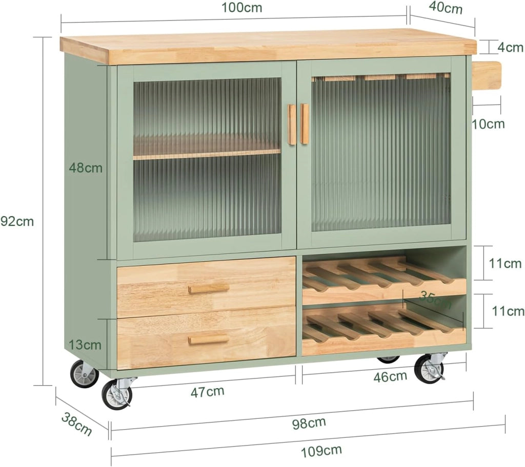 Carrello da Cucina con Ruote Isola Cucina con Piano di Lavoro in Legno Carrello Salvaspazio per Sala da Pranzo Verde e Naturale 109 × 40 × 92 cm FKW114-GR