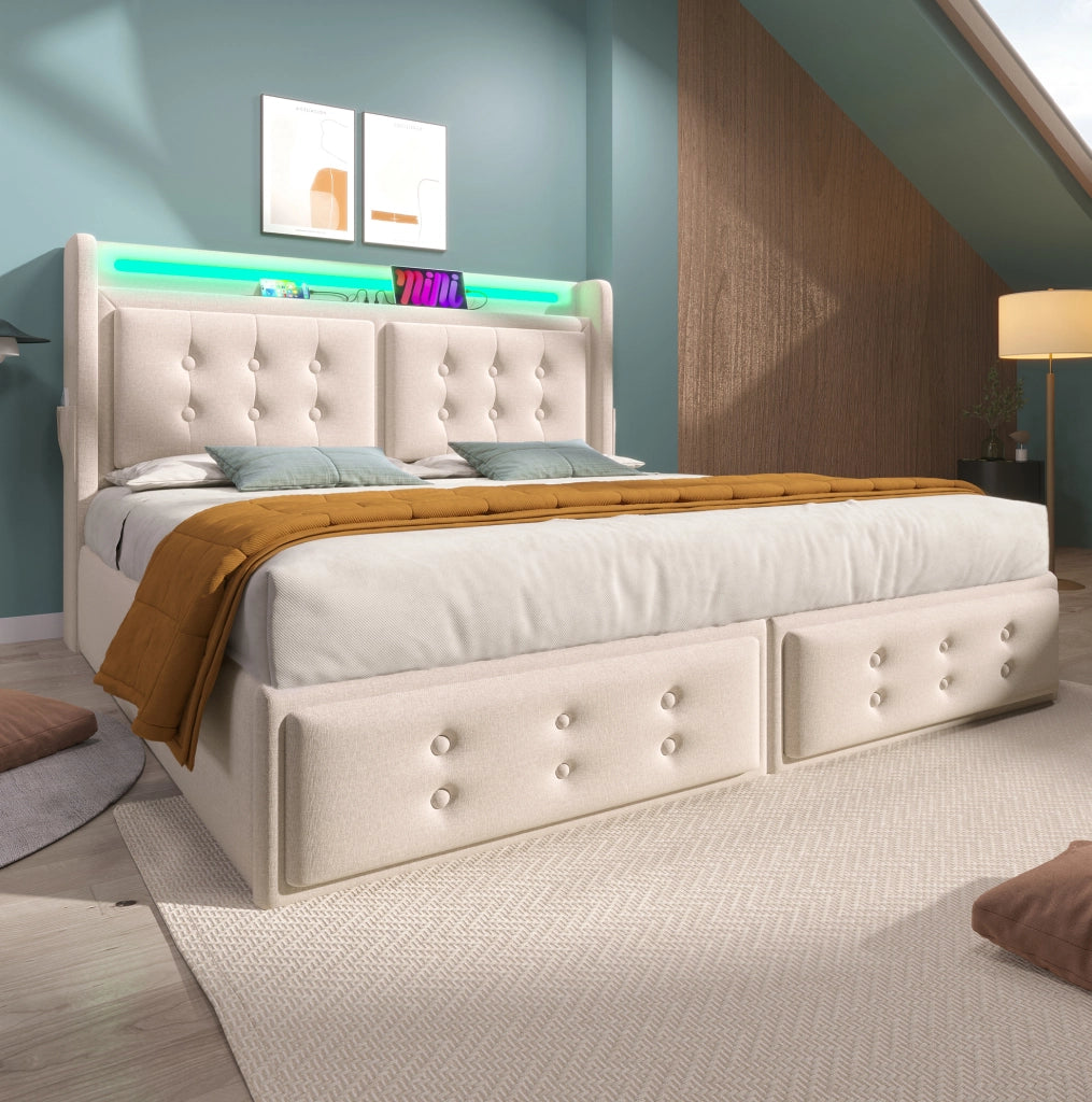 Letto matrimoniale imbottito 160x200 cm con LED; prese USB e contenitore; beige in cotone-lino
