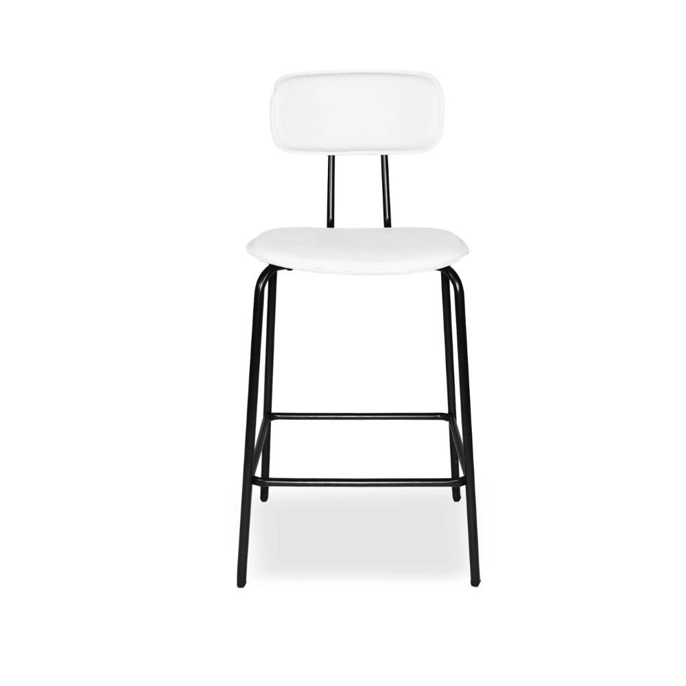 Sgabello Glami con struttura in metallo nero e seduta in pvc effetto cuoio bianco