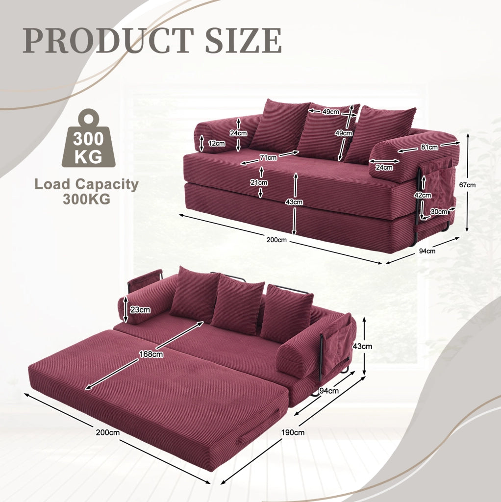 Divano 200x94x67 cm modulare in velluto a coste rosso vino