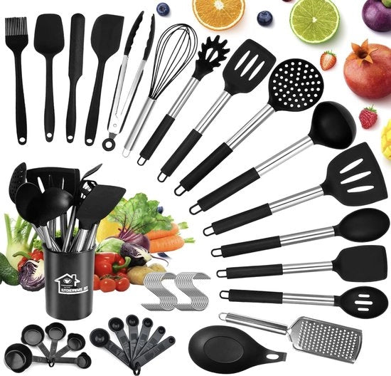 Set di utensili da cucina 46 pezzi, spatole da cucina in silicone, set di spatole antiaderenti e resistenti al calore, utensili da cucina con manico in acciaio inossidabile, resistente al lavastoviglie