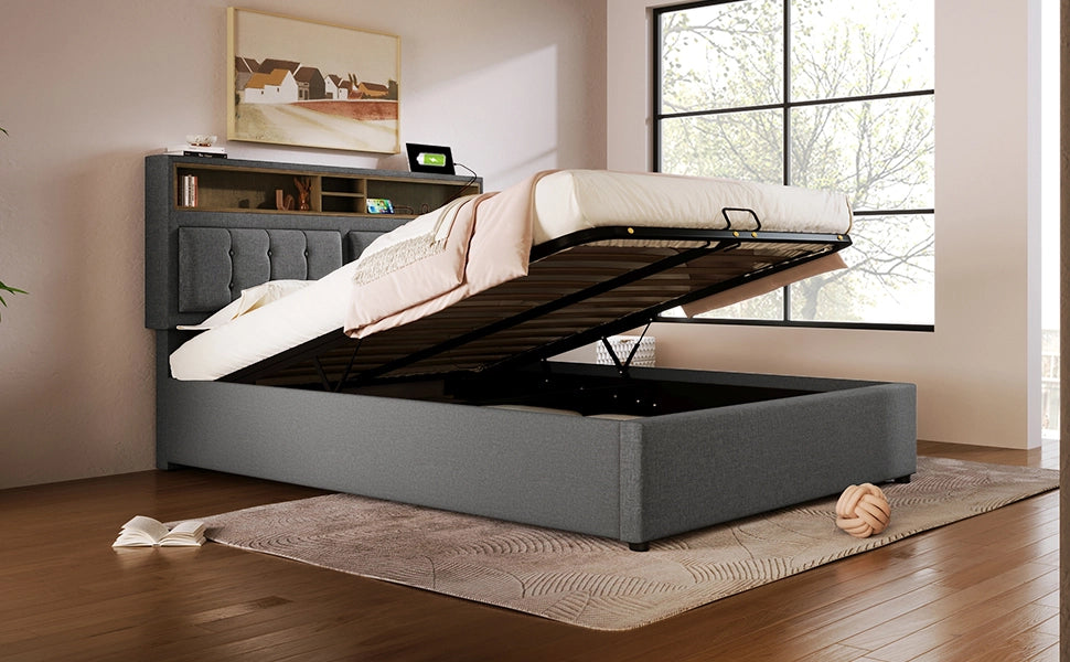 Letto matrimoniale imbottito 160x200 con testiera regolabile, prese USB e contenitore, grigio