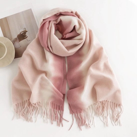 Sfregio per donne invernale - Cola imitazione di cashmere calda - Scialle con colori a strisce - Con piumini - rosa - 200*65 CM