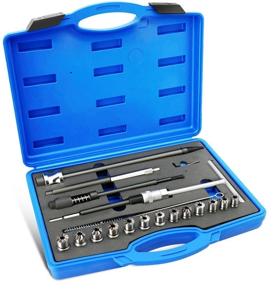 Set di afdichtaggio injector 21-delicato, kit di attrezzi per pulire e riparare injector diesel con 13 lame di taglio, snipper injector 19 mm e strumento per avvitare aghi di afdichtaggio