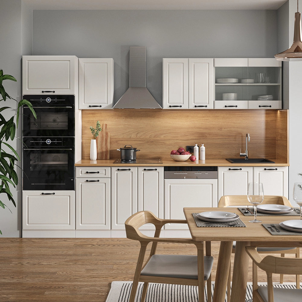 Vicco Cucina componibile Casa di campagna bianca/bianco 300 cm con armadio alto, PL Marmo