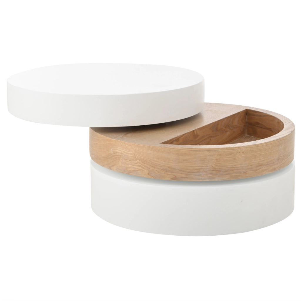 Tavolino da caffè 60 x 60 x 35;1 cm girevole 360° con vano contenitore in MDF bianco e naturale