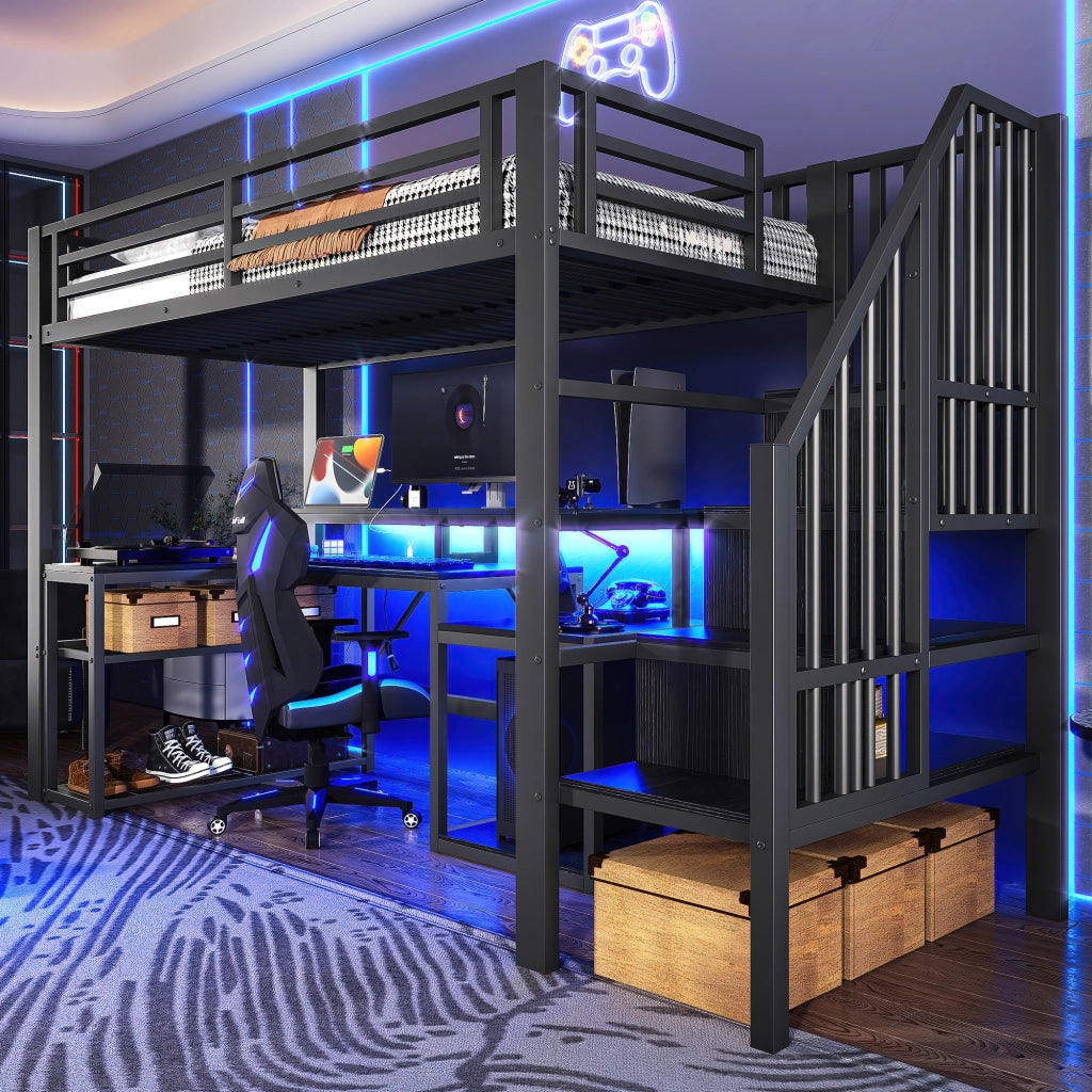 OKWISH Letto a soppalco 90×200 cm, Letto Singolo con Mensole, Scala contenitore, LED Regolabile e USB, senza Materasso, Nero