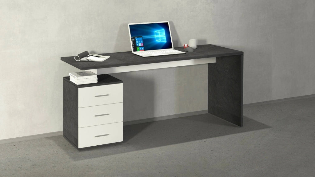 Scrivania Abisse, Scrittoio lineare, Scrivania ufficio multiuso, Scrivania salvaspazio multi posizione, 160x60h75 cm, Bianco e Ardesia