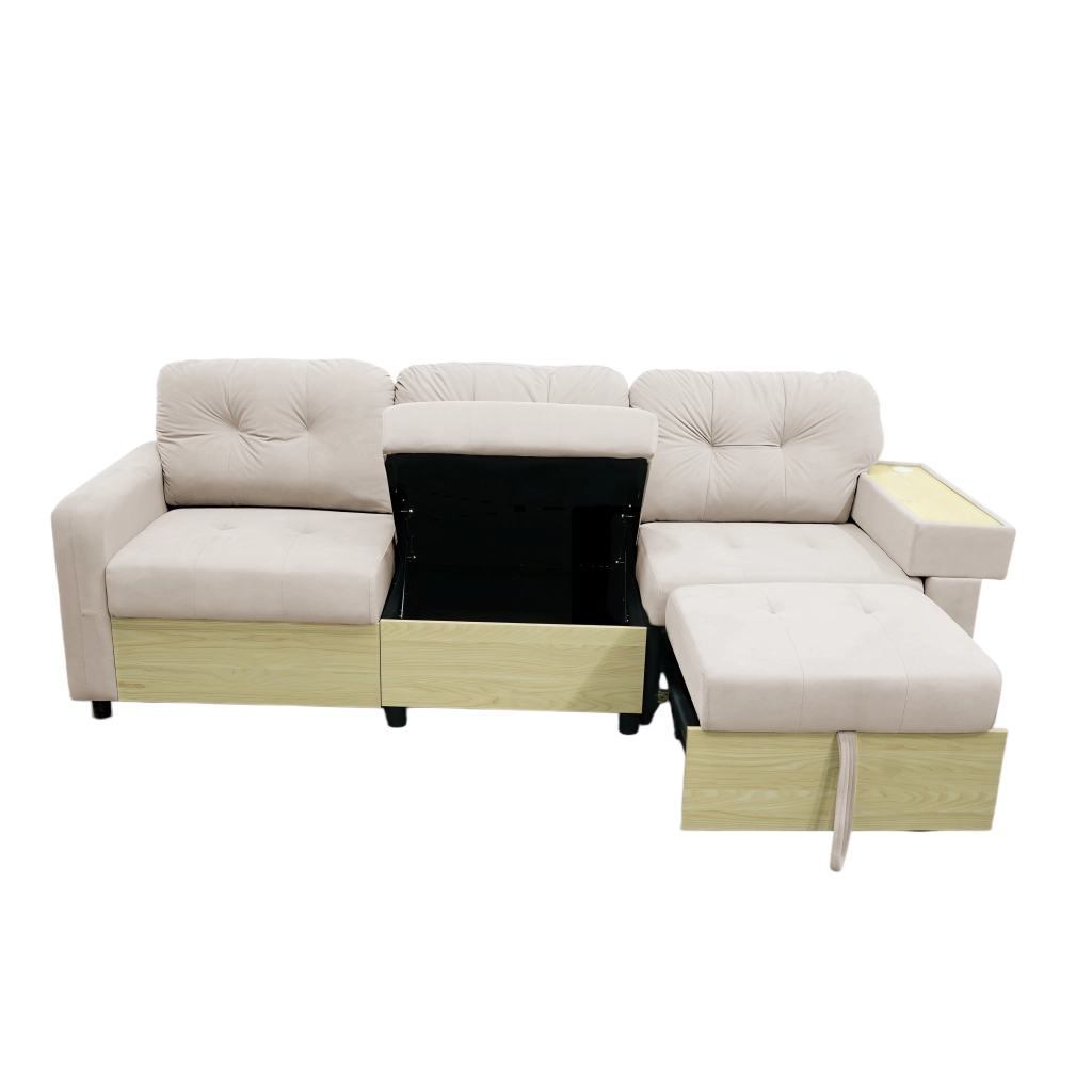 Divano Angolare 3 Posti con Penisola Estraibile, Contenitore e Braccioli in Legno ¨C MINIMAL ¨C Velluto Verde/Beige