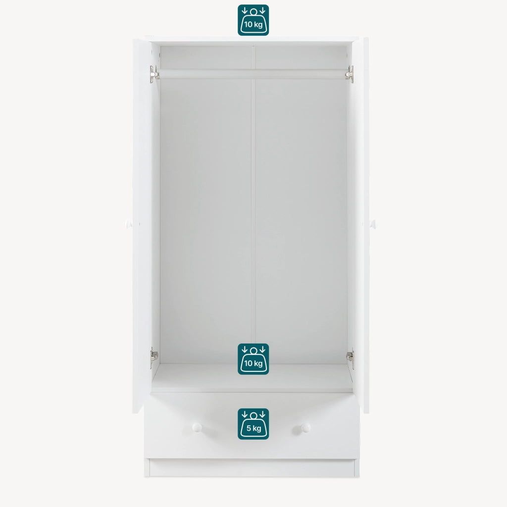 Armadio Beldinupp per Cameretta a 2 Ante e Cassetto 123 x 60 x 40 cm - Bianco [en.casa]