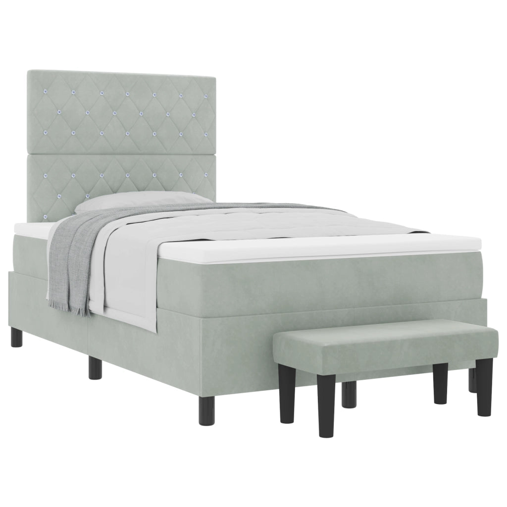 Letto con Box Spring e Materasso & Panca Grigio Chiaro 120x190 cm Velluto