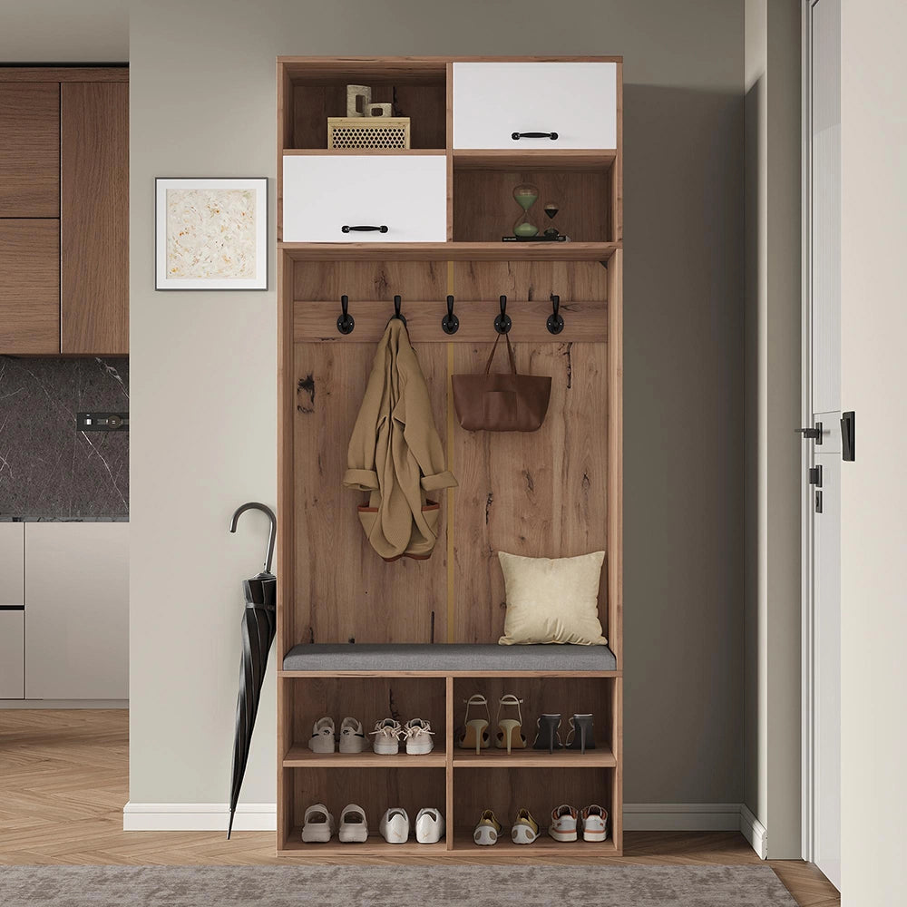 Set vestiario completo con panchina - Xylo - 5 ganci, 2 ante, 6 ripiani aperti, 80x185x35 cm, naturale e bianco