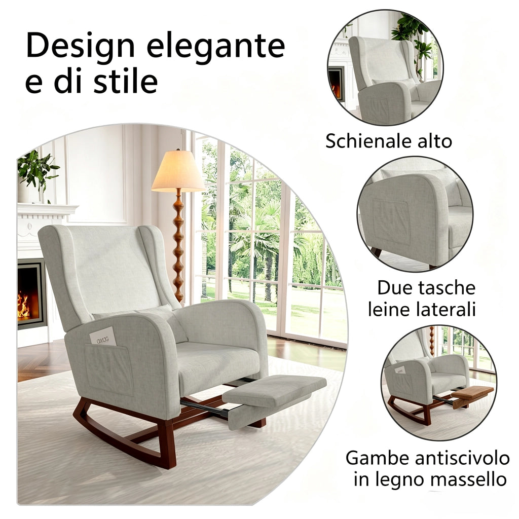 Poltrona relax a dondolo 67x64x99 cm con poggiapiedi; sedia a dondolo da interno per allattamento struttura in legno e velluto opaco; grigio