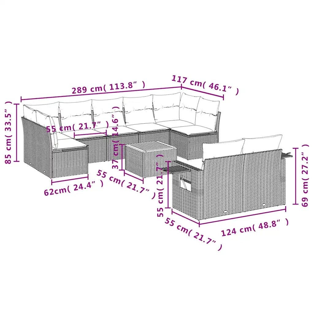 Set Divano da Giardino 10 pz con Cuscini Grigio in Polyrattan