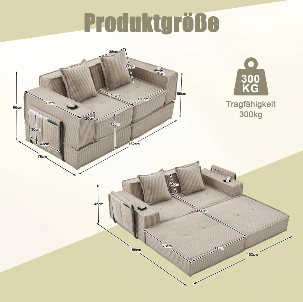 Divano letto 2 posti 162x78x66 cm kaki con tasche laterali, tessuto a coste
