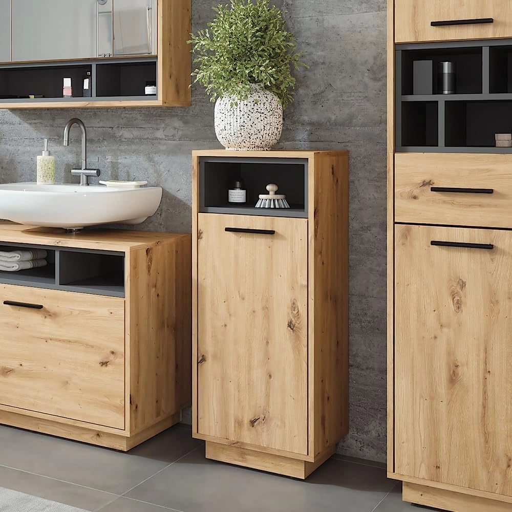 Mobiletto da bagno Beatrice, Rovere artigianale/antracite, 38 x 93 cm con tasca interna rimovibile
