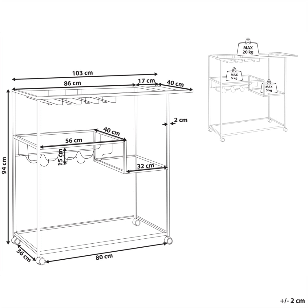 Carrello Cucina Ferro Nero Vetro Temperato 86 x 40 cm Ruote Industriali con Freni Portabottiglie Ripiani Sala da Pranzo
