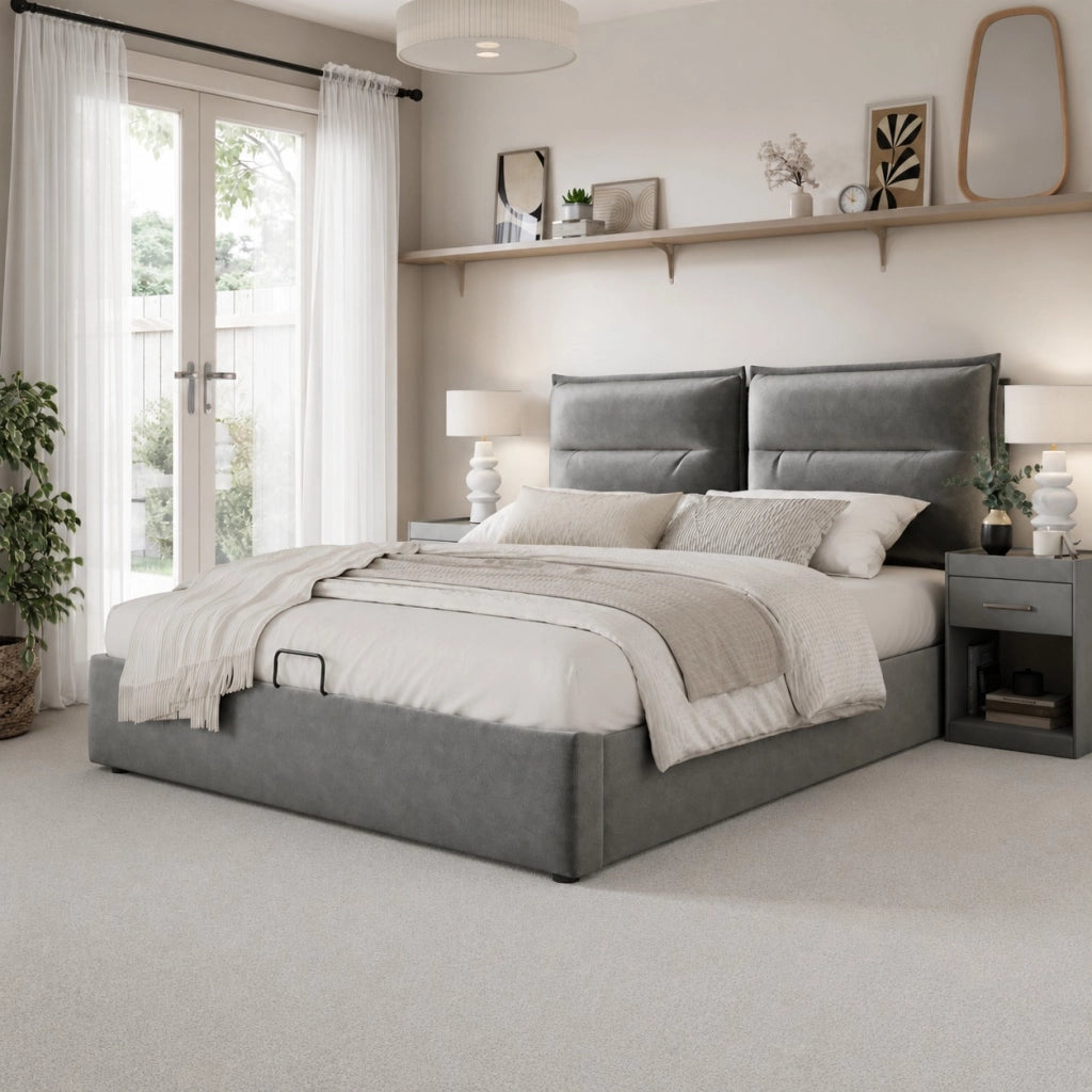 Letto matrimoniale idraulico – 140x200 cm – testiera regolabile contenitore – velluto grigio