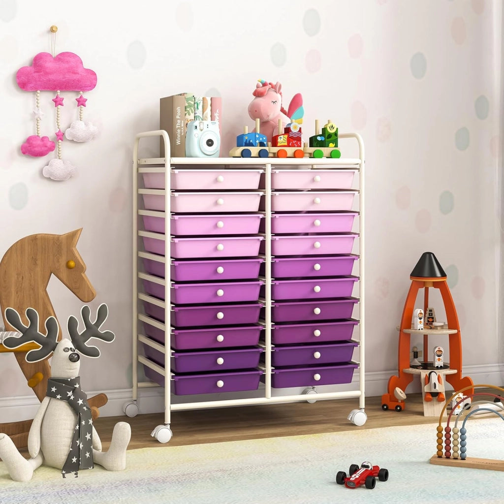 Carrello con 20 cassetti, impilabile, carrello per cassetti, da cucina, con ruote bloccabili, carrello per cucina, bagno, ufficio, 64 x 39 x 88 cm (viola)