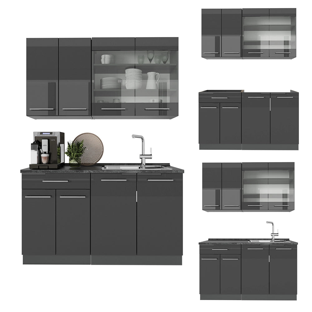 Cucina monoblocco Fame-Line Antracite lucido/Antracite 140 cm, PL Marmo Vicco