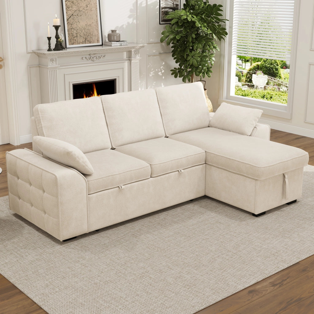 Divano angolare 3 posti - con funzione letto e contenitore - per soggiorno - in chenille beige