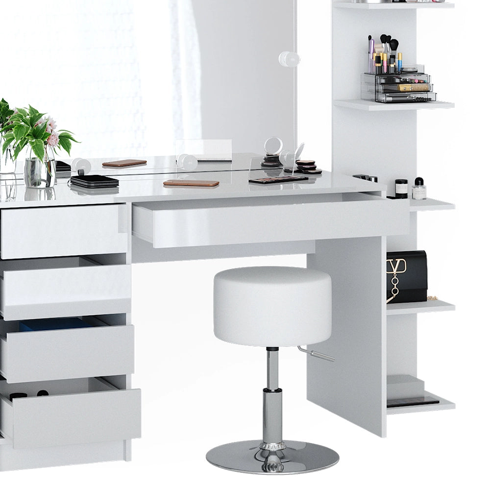 Vicco Tavolino da toilette Bianco 4 pezzi, con ripiano portaoggetti, specchio, sgabello, LED