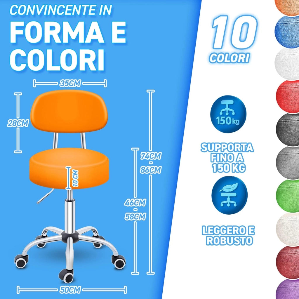 Sgabello con rotelle con schienale arancione | Sgabello da lavoro regolabile in altezza 46-58 cm | Sgabello girevole con rotelle | Sedia da ufficio sgabello sedia girevole sgabello per