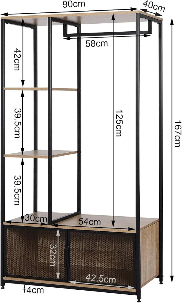 Stand Appendiabiti con Multi Scaffali Laterali e Armadietto Guardaroba Scaffale Porta Abiti in Legno e Metallo, Rovere Chiaro