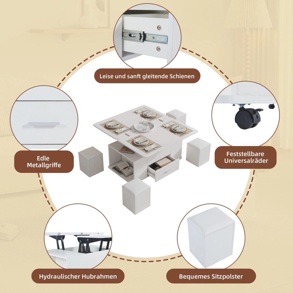 Tavolino da salotto trasformabile 100x50x45 cm in truciolare bianco; con 4 sgabelli contenitori