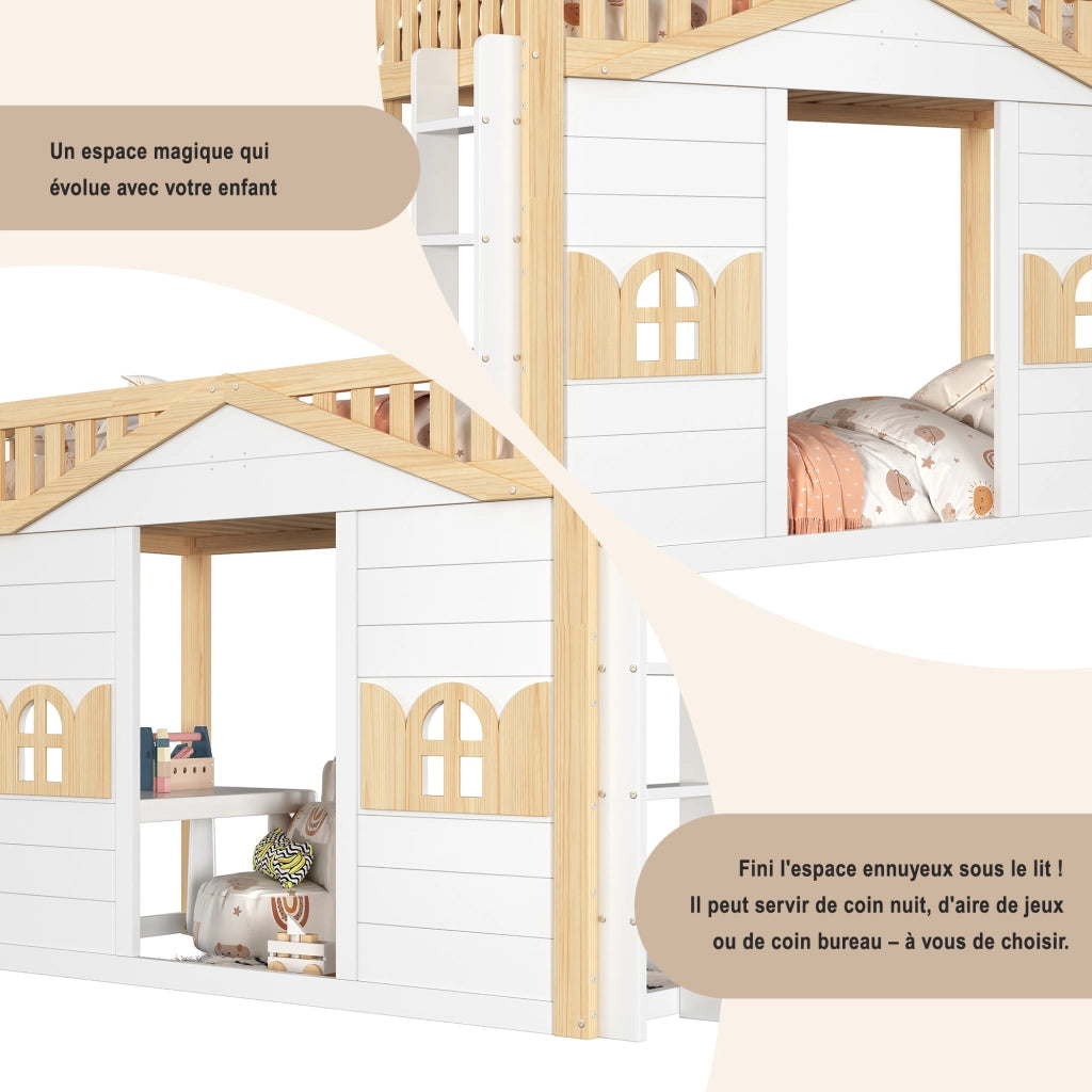 Letto a castello cabana con scala reversibile e finestra LEMONMAX; 90x200 cm; spazio sotto multifunzione; pino e MDF; bianco/naturale
